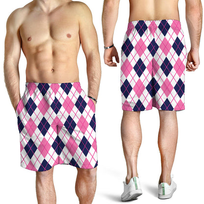 White Pink And Blue Argyle Pattern Print Men's Shorts