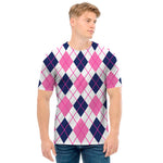 White Pink And Blue Argyle Pattern Print Men's T-Shirt