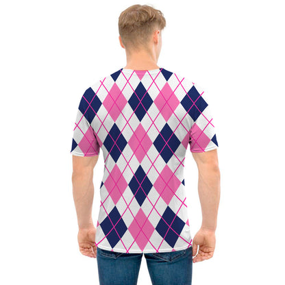 White Pink And Blue Argyle Pattern Print Men's T-Shirt