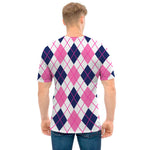 White Pink And Blue Argyle Pattern Print Men's T-Shirt