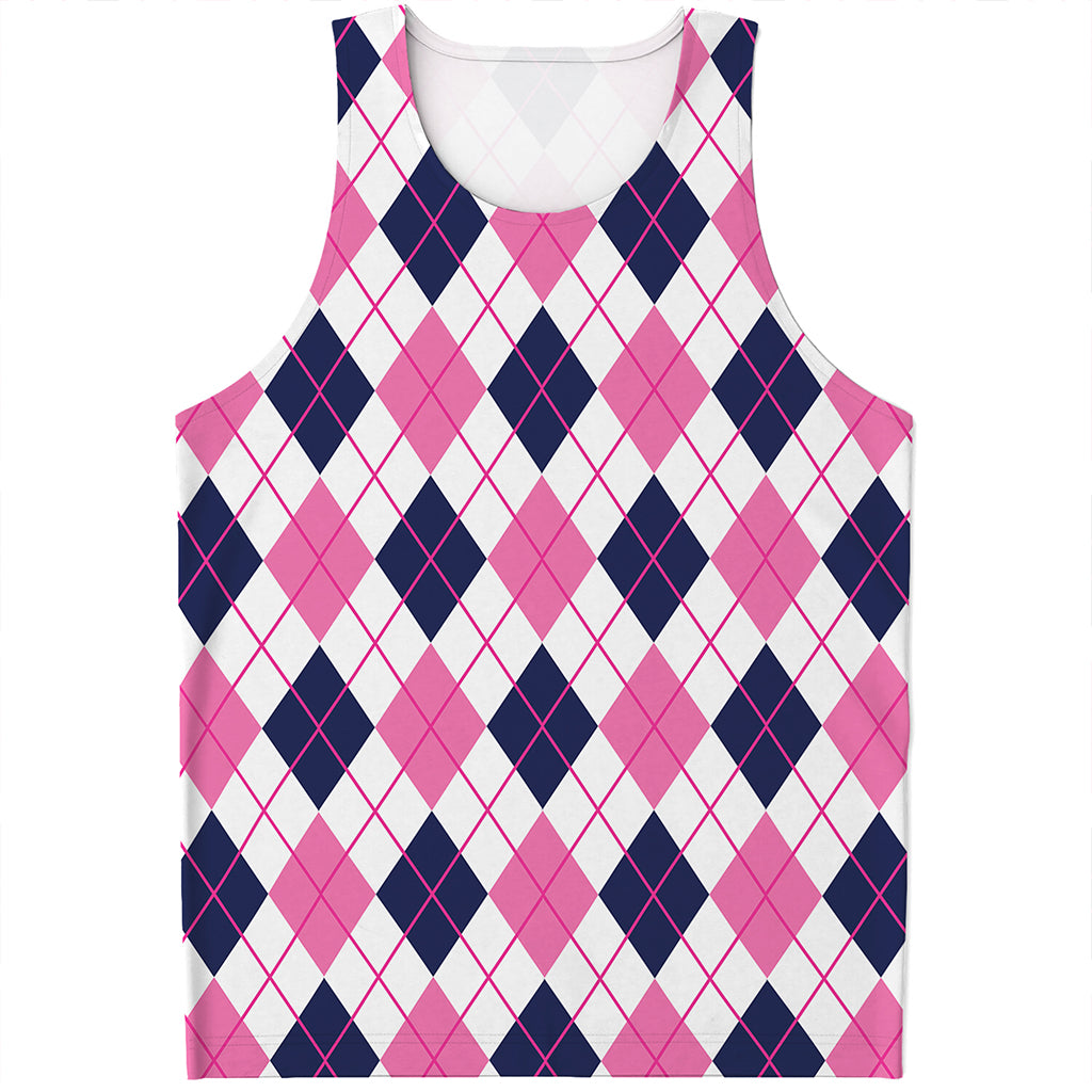 White Pink And Blue Argyle Pattern Print Men's Tank Top
