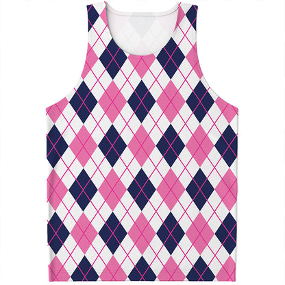 White Pink And Blue Argyle Pattern Print Men's Tank Top