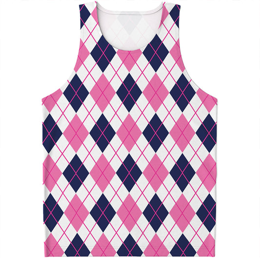 White Pink And Blue Argyle Pattern Print Men's Tank Top