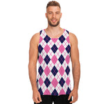 White Pink And Blue Argyle Pattern Print Men's Tank Top