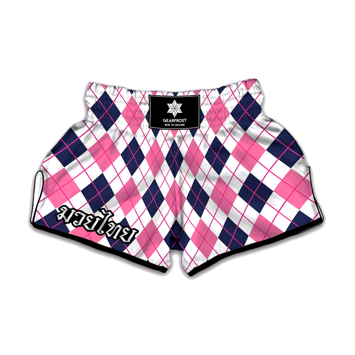 White Pink And Blue Argyle Pattern Print Muay Thai Boxing Shorts