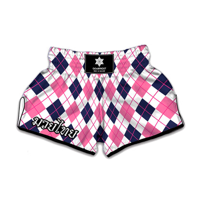 White Pink And Blue Argyle Pattern Print Muay Thai Boxing Shorts
