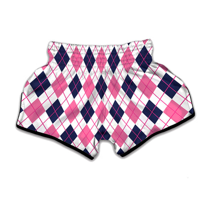 White Pink And Blue Argyle Pattern Print Muay Thai Boxing Shorts