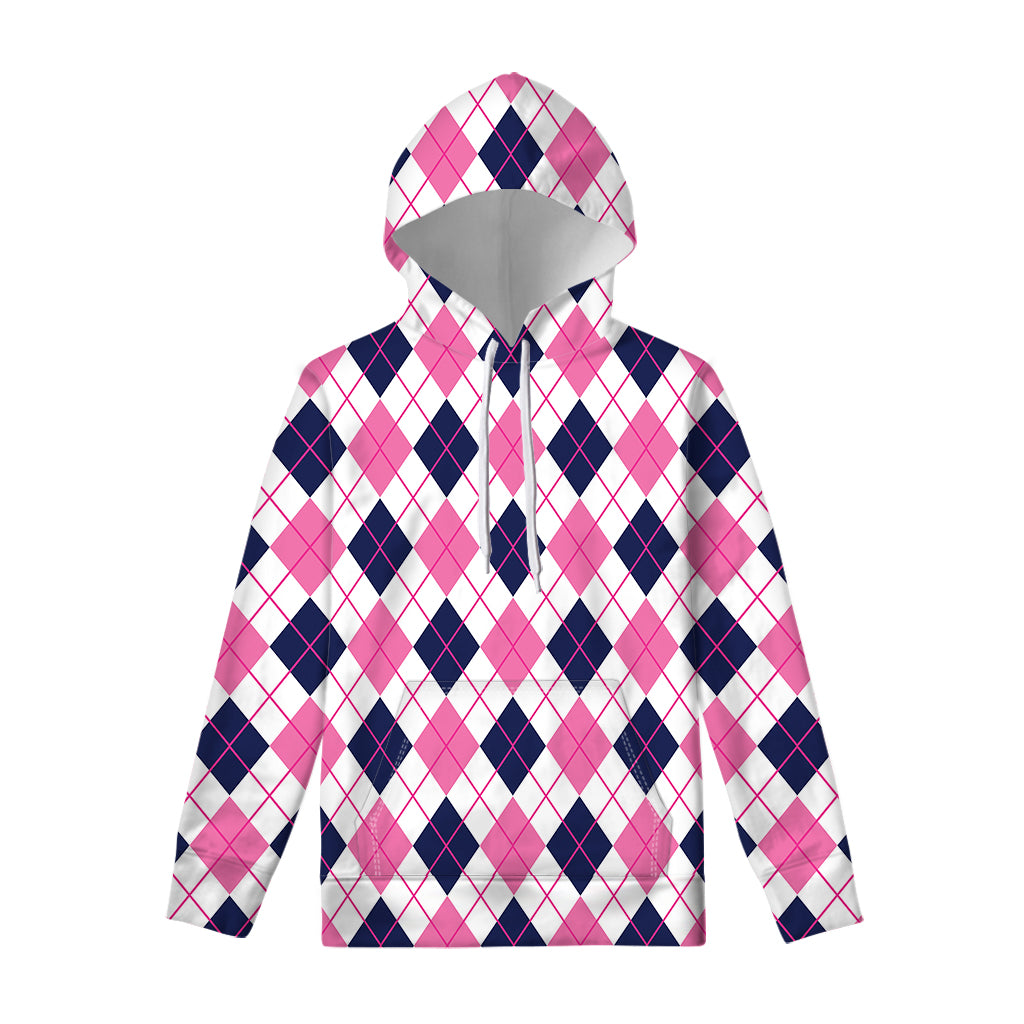 White Pink And Blue Argyle Pattern Print Pullover Hoodie