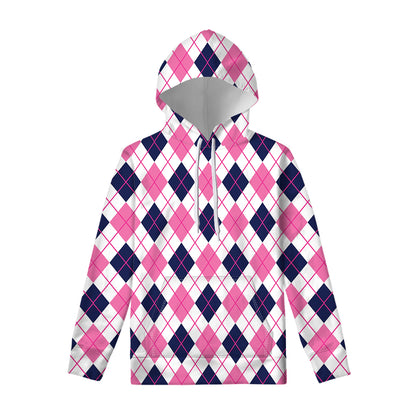 White Pink And Blue Argyle Pattern Print Pullover Hoodie