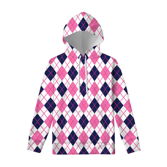 White Pink And Blue Argyle Pattern Print Pullover Hoodie