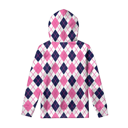 White Pink And Blue Argyle Pattern Print Pullover Hoodie