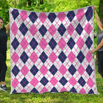 White Pink And Blue Argyle Pattern Print Quilt