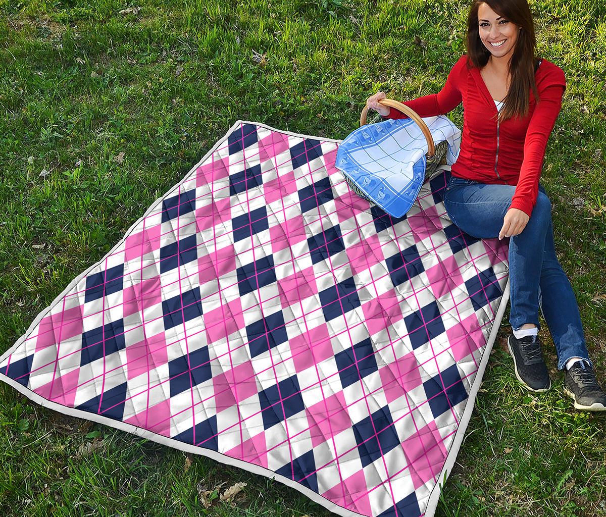 White Pink And Blue Argyle Pattern Print Quilt