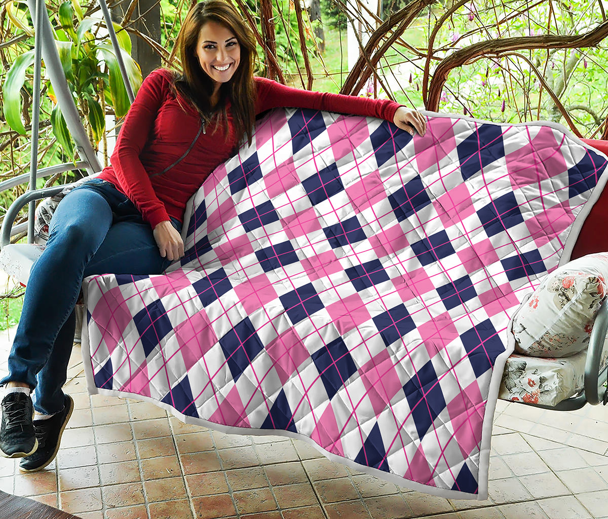 White Pink And Blue Argyle Pattern Print Quilt