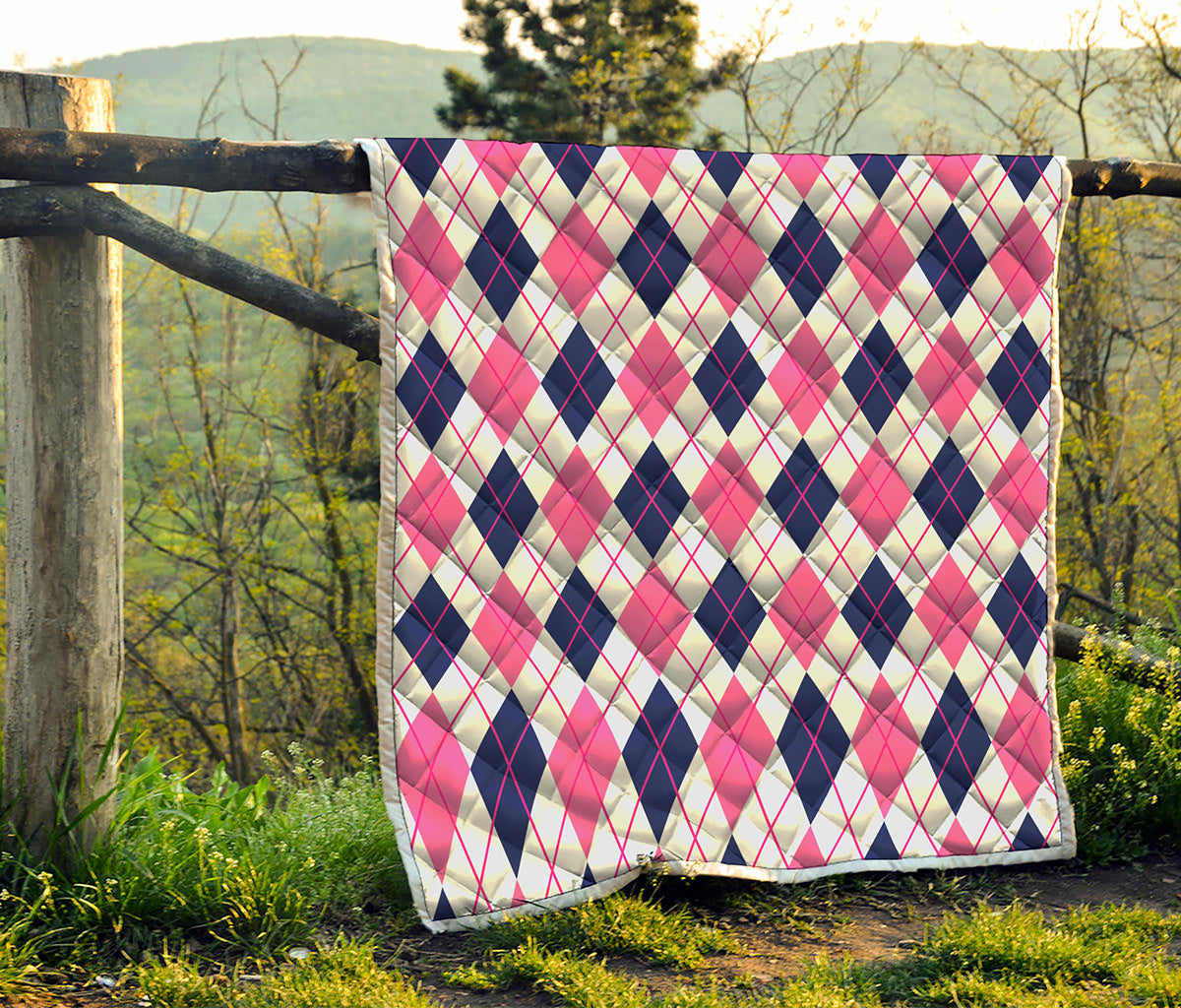White Pink And Blue Argyle Pattern Print Quilt