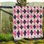 White Pink And Blue Argyle Pattern Print Quilt