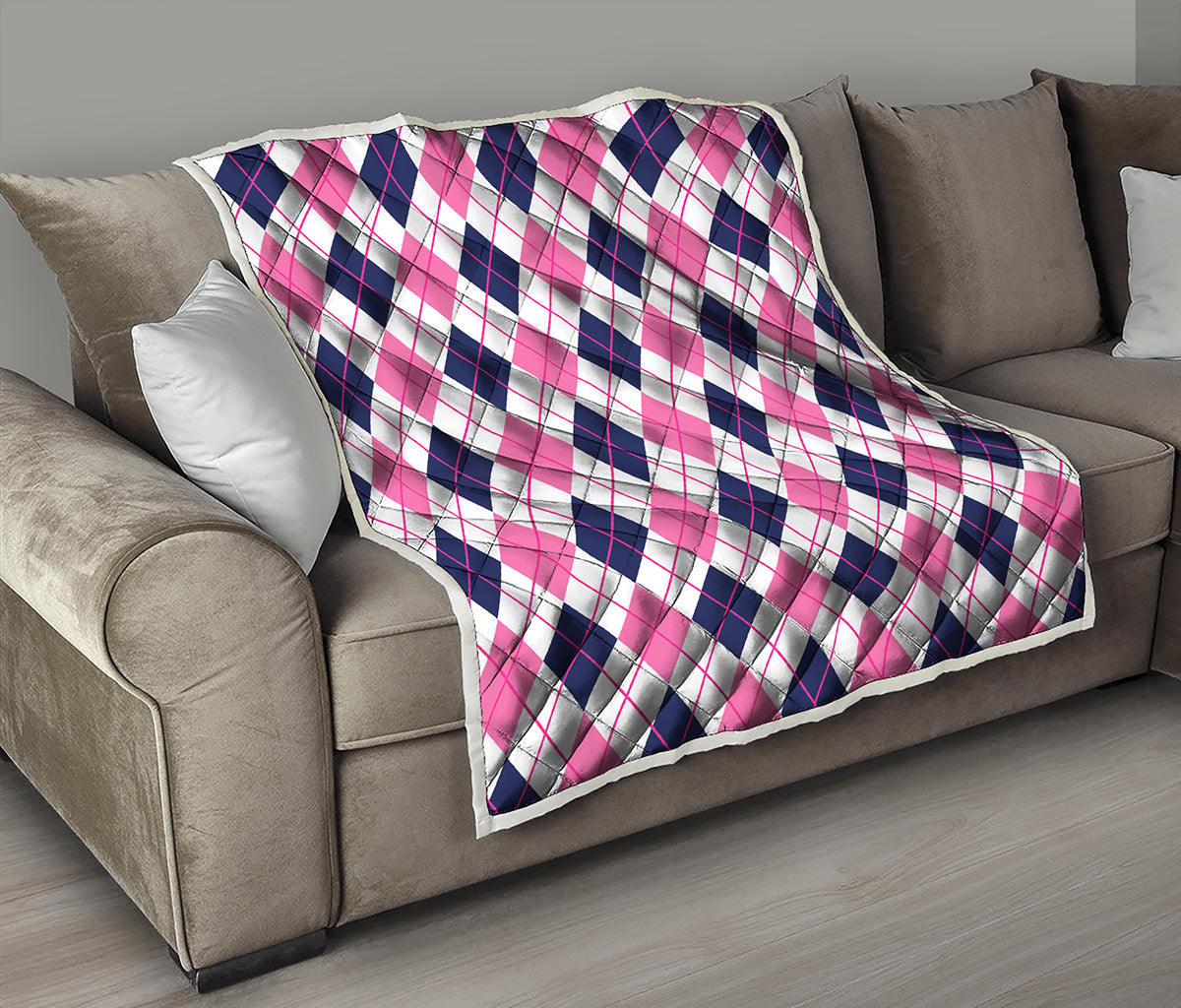 White Pink And Blue Argyle Pattern Print Quilt