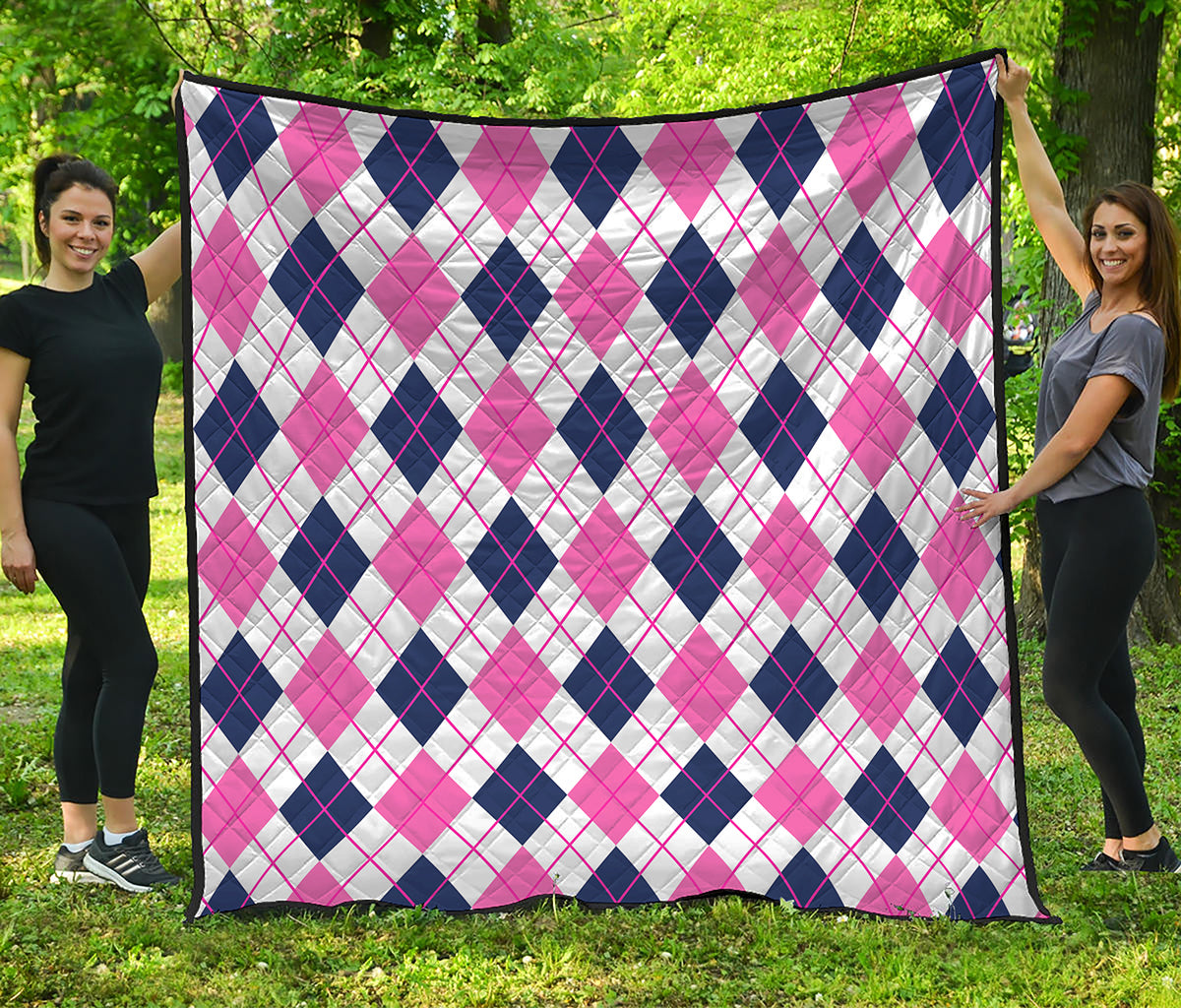 White Pink And Blue Argyle Pattern Print Quilt