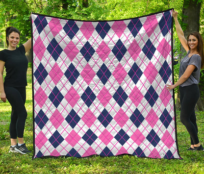White Pink And Blue Argyle Pattern Print Quilt