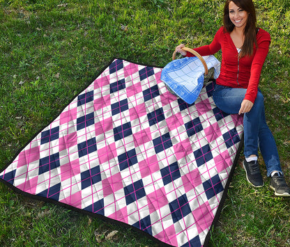 White Pink And Blue Argyle Pattern Print Quilt