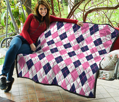 White Pink And Blue Argyle Pattern Print Quilt