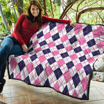 White Pink And Blue Argyle Pattern Print Quilt