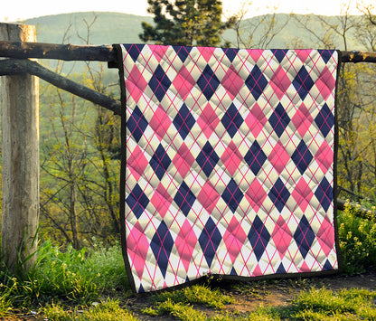 White Pink And Blue Argyle Pattern Print Quilt