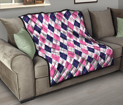 White Pink And Blue Argyle Pattern Print Quilt