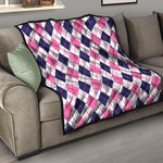 White Pink And Blue Argyle Pattern Print Quilt