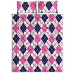 White Pink And Blue Argyle Pattern Print Quilt Bed Set