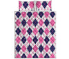 White Pink And Blue Argyle Pattern Print Quilt Bed Set