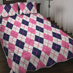 White Pink And Blue Argyle Pattern Print Quilt Bed Set