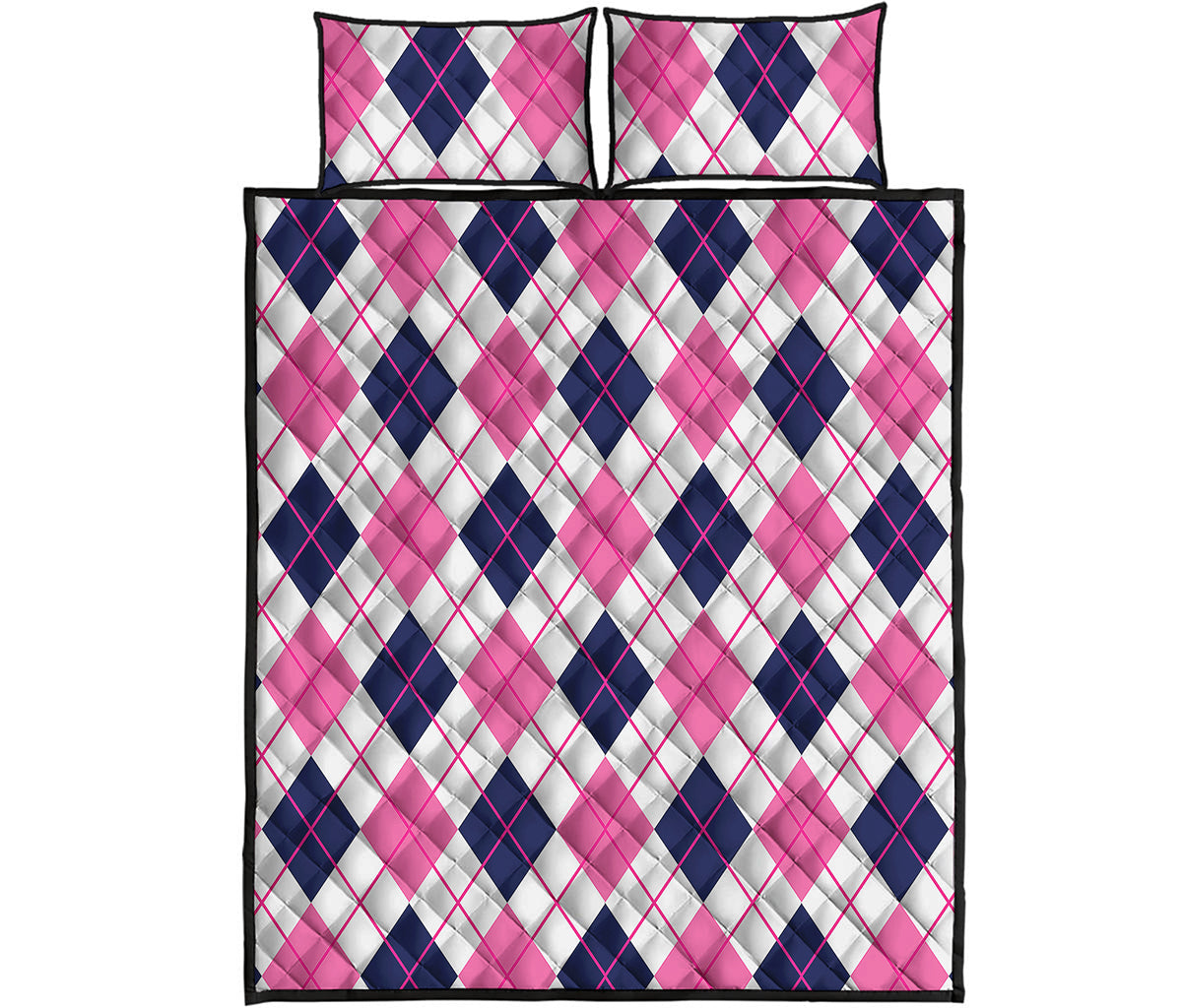 White Pink And Blue Argyle Pattern Print Quilt Bed Set