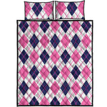 White Pink And Blue Argyle Pattern Print Quilt Bed Set