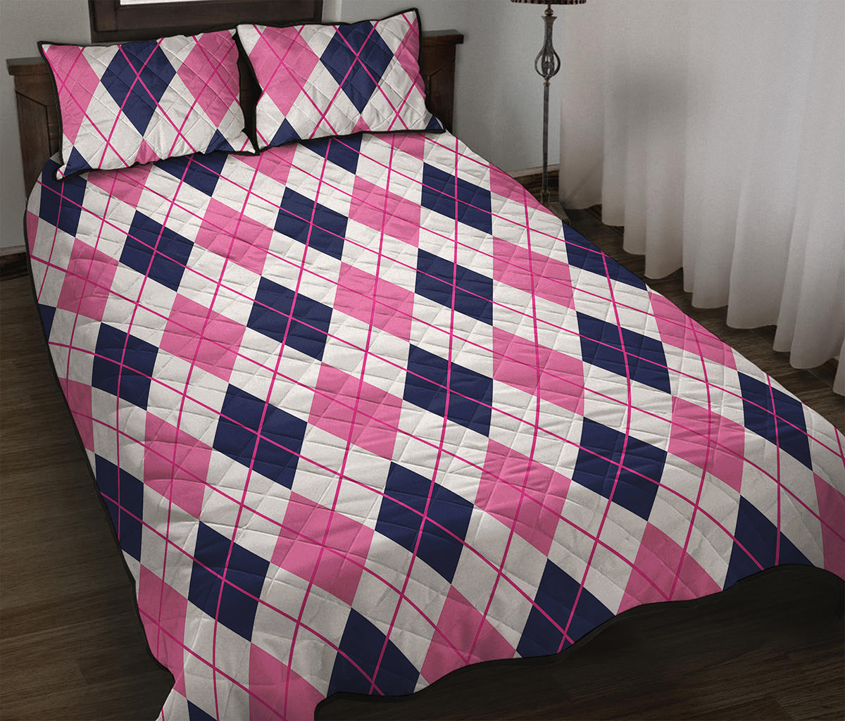 White Pink And Blue Argyle Pattern Print Quilt Bed Set