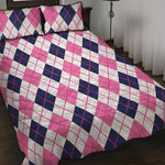 White Pink And Blue Argyle Pattern Print Quilt Bed Set