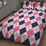 White Pink And Blue Argyle Pattern Print Quilt Bed Set