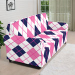 White Pink And Blue Argyle Pattern Print Sofa Cover