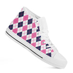 White Pink And Blue Argyle Pattern Print White High Top Shoes