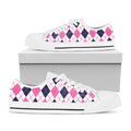 White Pink And Blue Argyle Pattern Print White Low Top Sneakers
