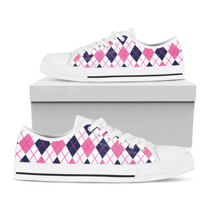 White Pink And Blue Argyle Pattern Print White Low Top Shoes