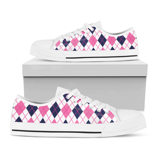 White Pink And Blue Argyle Pattern Print White Low Top Shoes