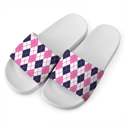 White Pink And Blue Argyle Pattern Print White Slide Sandals
