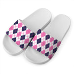 White Pink And Blue Argyle Pattern Print White Slide Sandals