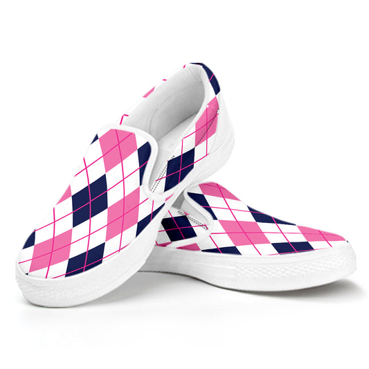 White Pink And Blue Argyle Pattern Print White Slip On Shoes