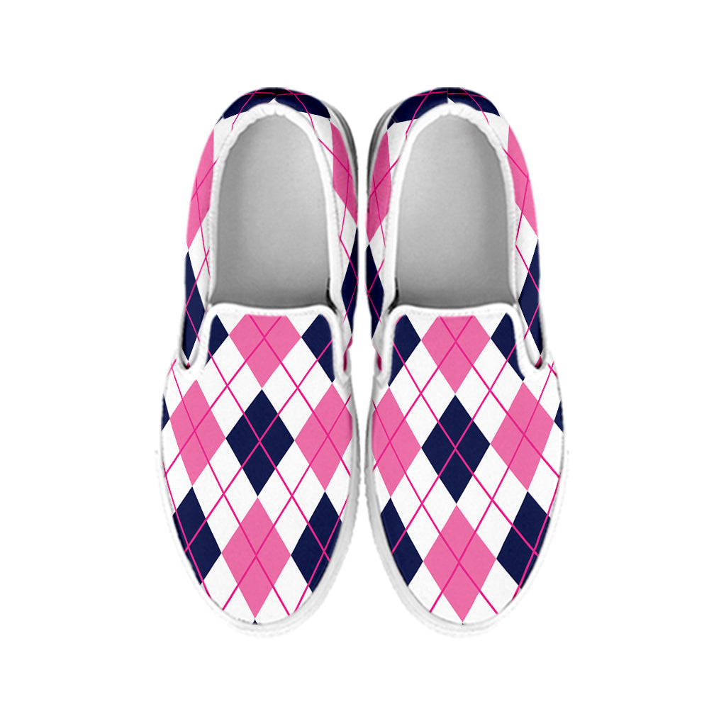 White Pink And Blue Argyle Pattern Print White Slip On Shoes