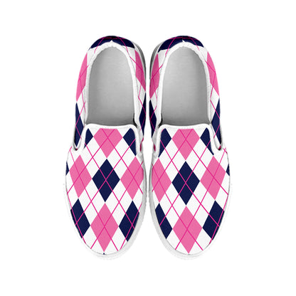 White Pink And Blue Argyle Pattern Print White Slip On Shoes