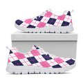 White Pink And Blue Argyle Pattern Print White Running Shoes