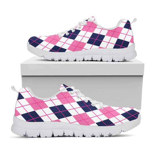White Pink And Blue Argyle Pattern Print White Sneakers