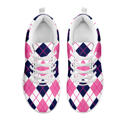White Pink And Blue Argyle Pattern Print White Sneakers